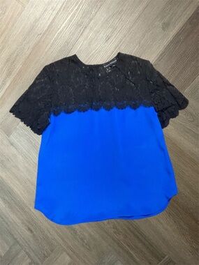 Karina Grimaldi Silk Lace Elegant Victorian Blouse Womens XS Royal Blue Black